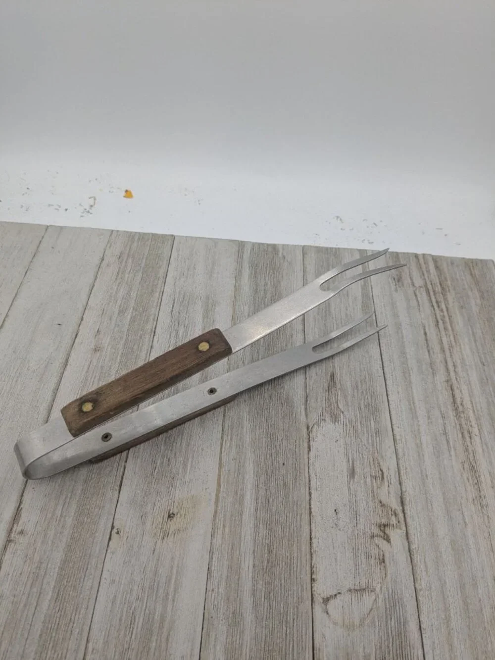 Vintage Stainless Steel Meat Fork Tongs With Wooden Handles